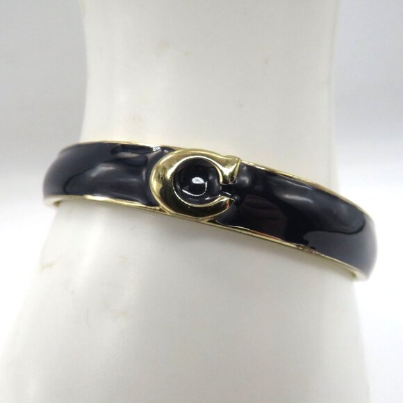 C Initial Logo Bracelet Navy Blue Enamel Gold Tone Hinged Bangle Unsigned - Picture 1 of 11